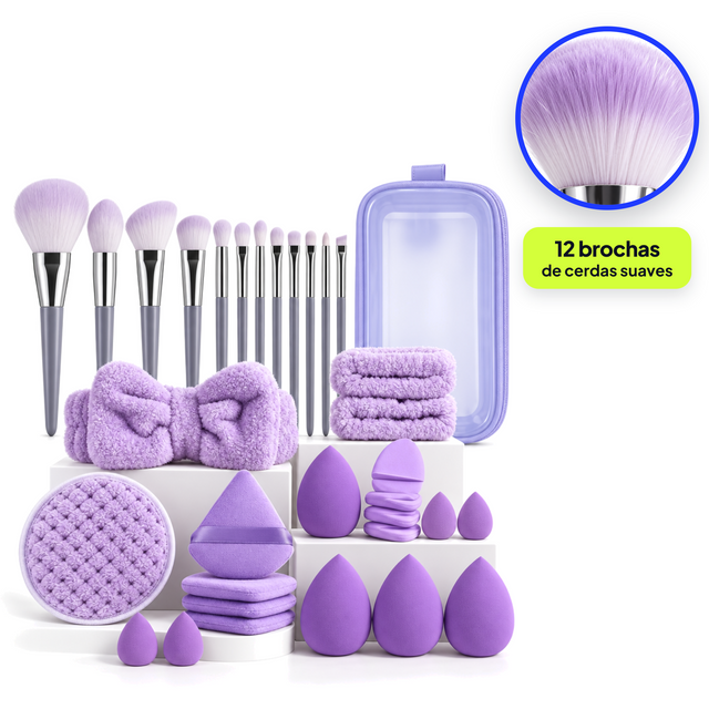 Set de brochas y esponjas color lila: 12 brochas de cerdas suaves
