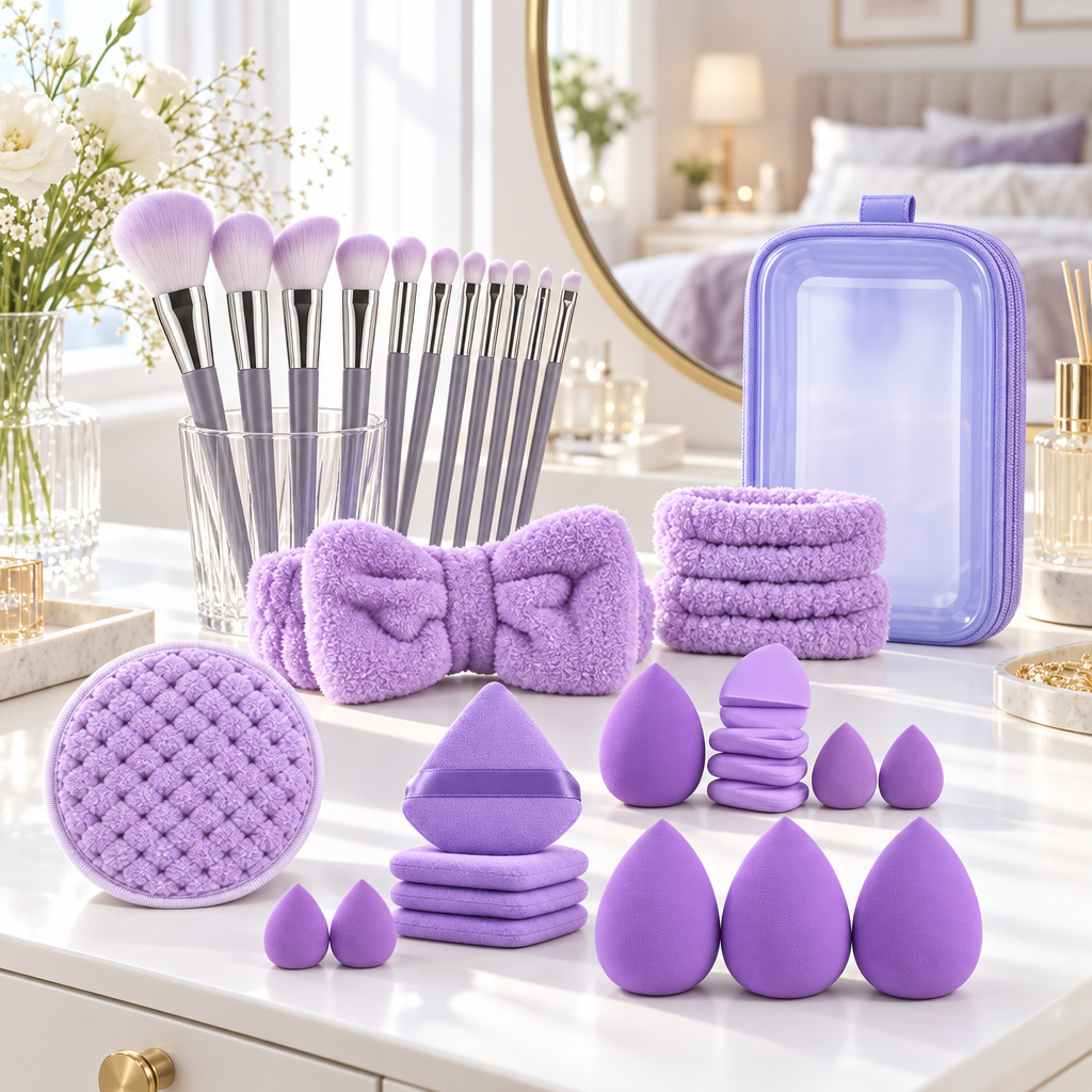 Set de brochas color lila en un tocador