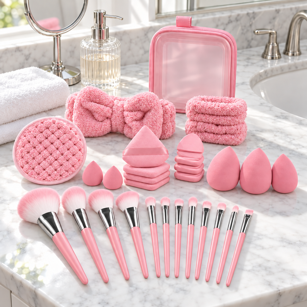 Set de brochas color rosa en el baño