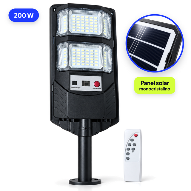 Foco solar LED 200 W con panel solar monocristalino y control remoto