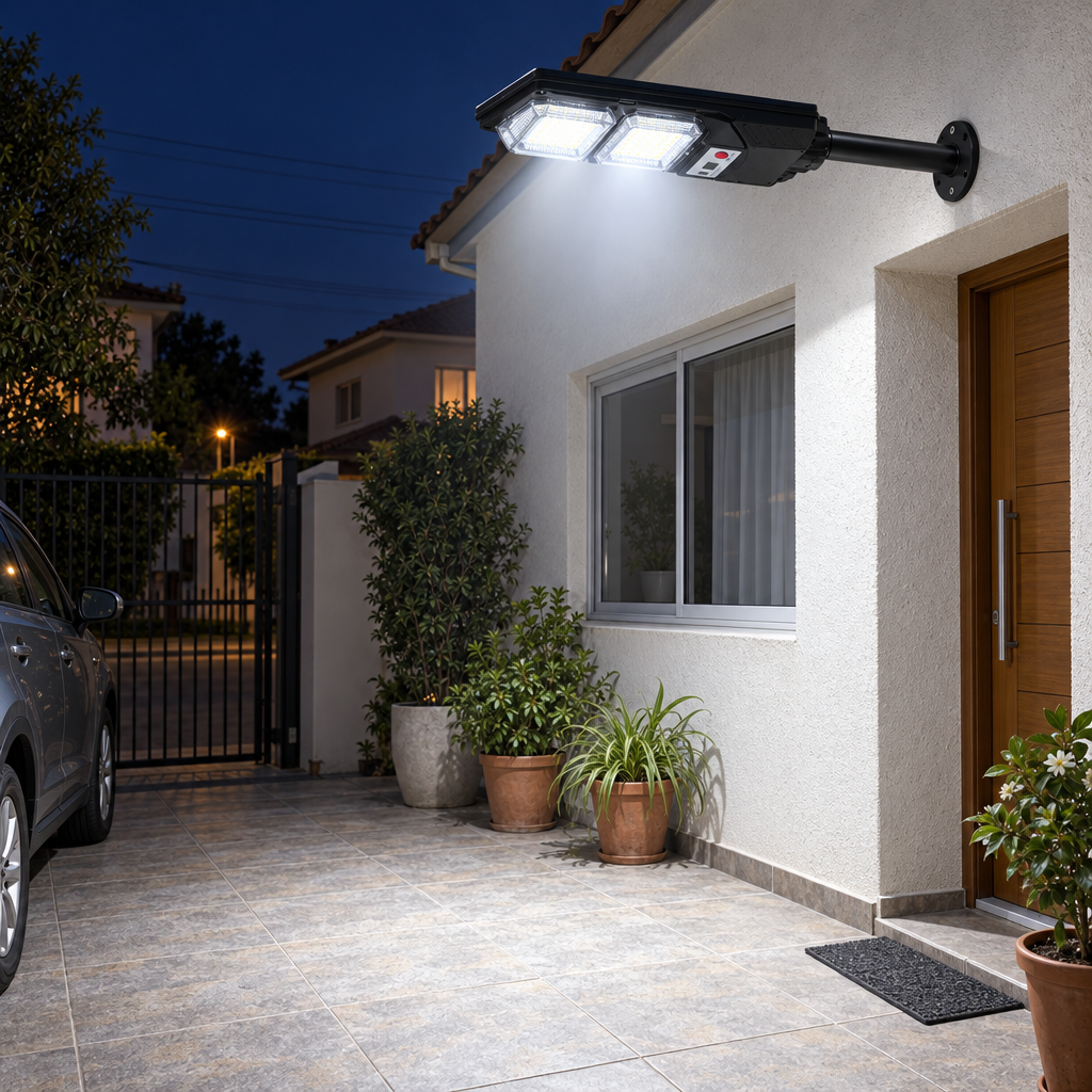 Foco solar 200 W iluminando el patio de una casa de noche