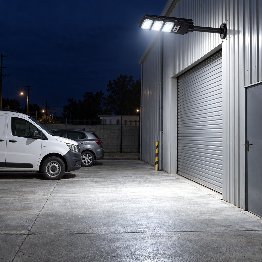 Foco solar 300 W iluminando el estacionamiento de una bodega de noche