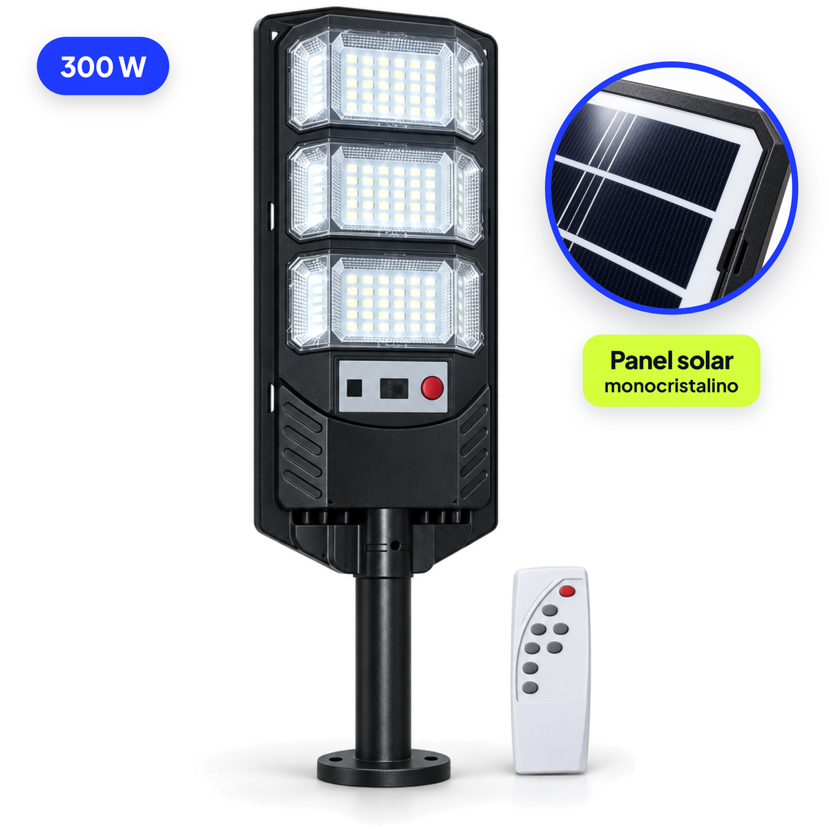 Foco solar LED 300 W con panel solar monocristalino y control remoto