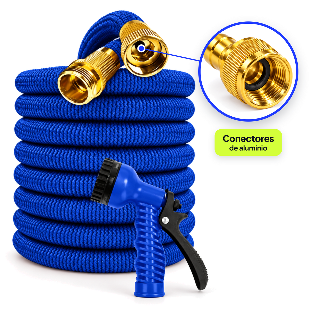 Manguera extensible color azul con pistola y conectores de aluminio