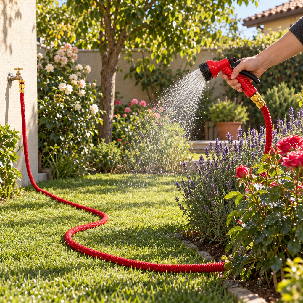 Regando el jardín con la manguera extensible