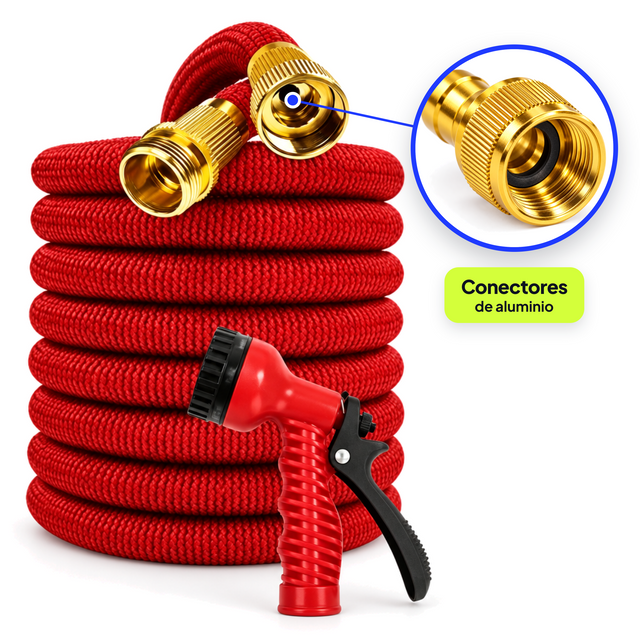 Manguera extensible color rojo con pistola y conectores de aluminio