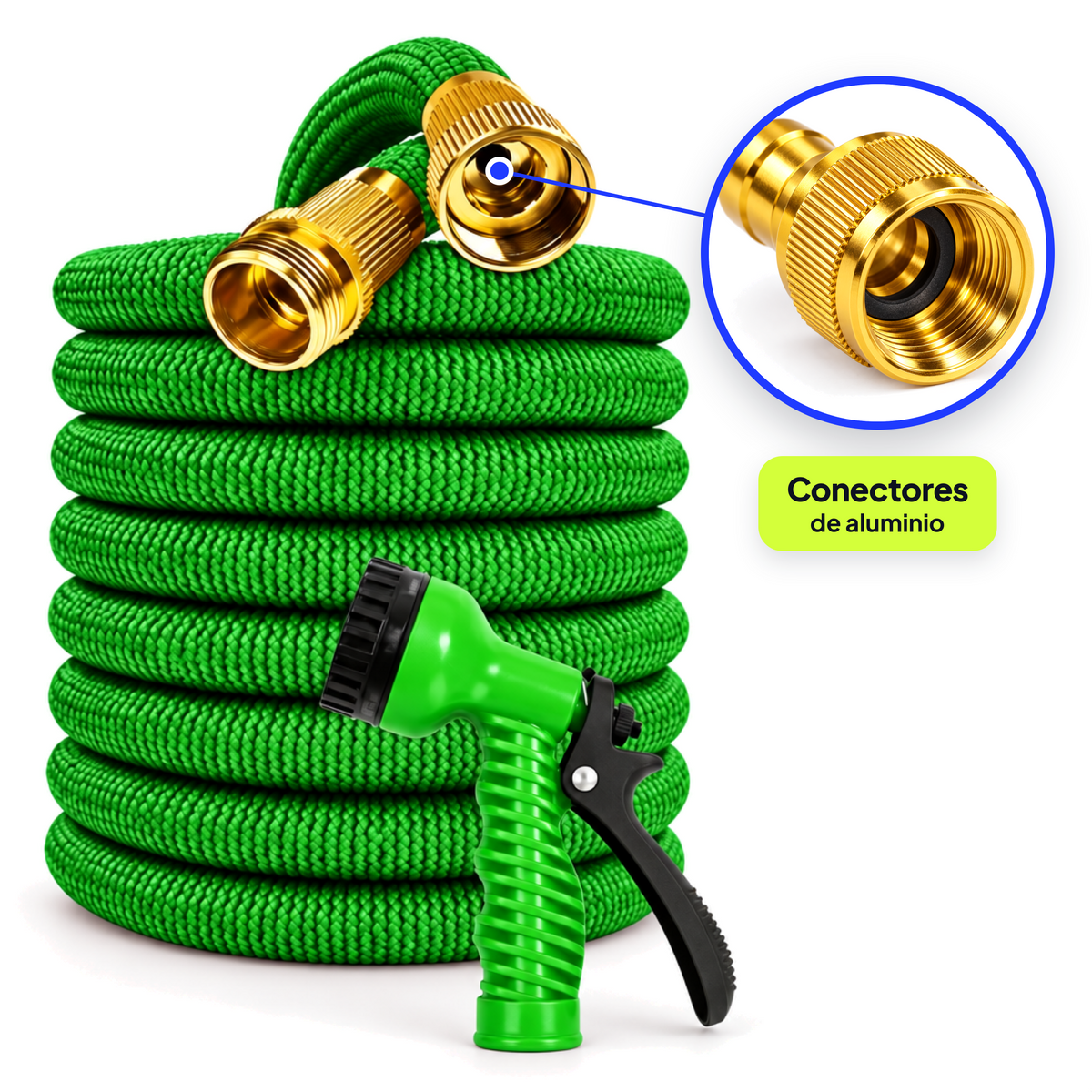 Manguera extensible color verde con pistola y conectores de aluminio