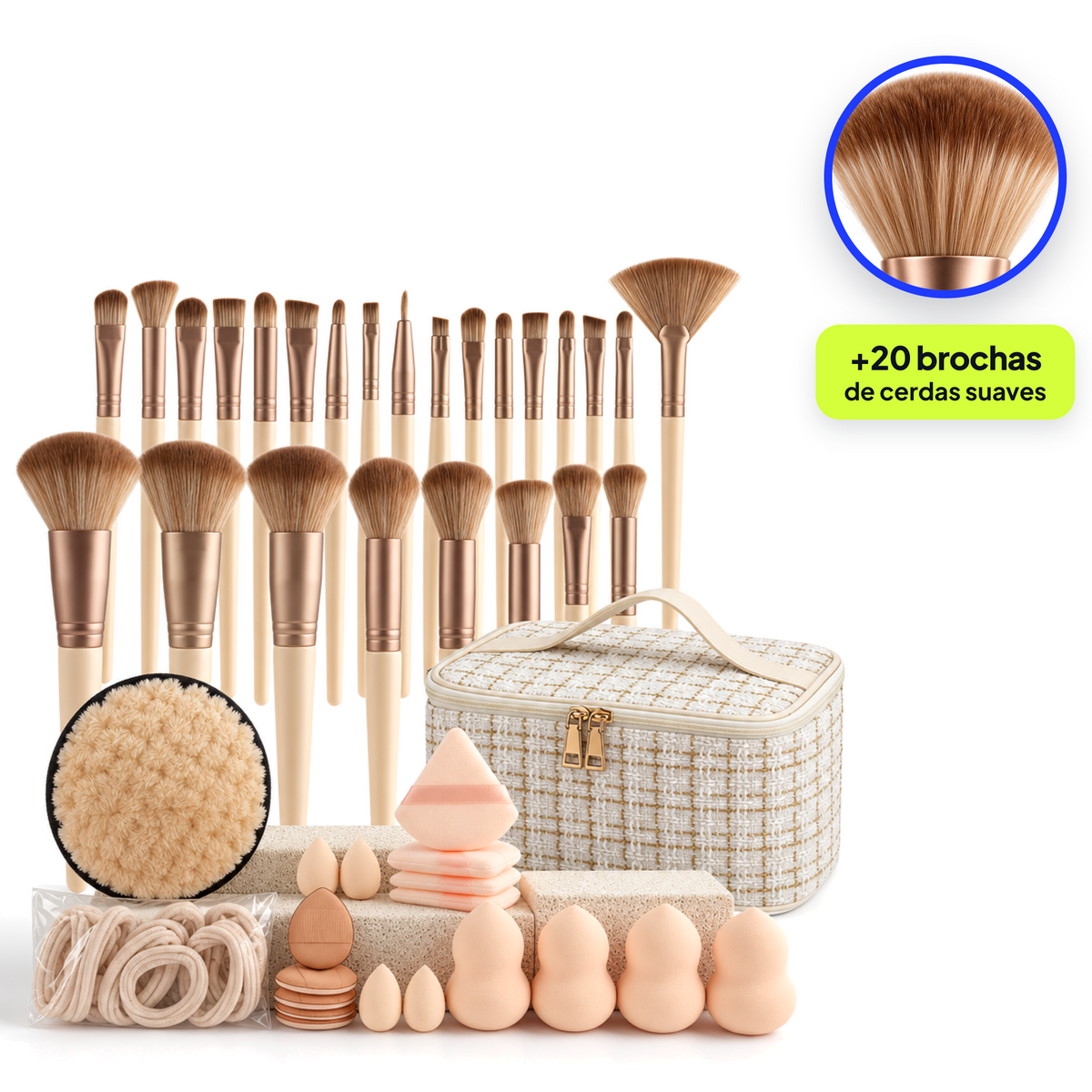 Set de brochas con neceser nude: más de 20 brochas de cerdas suaves