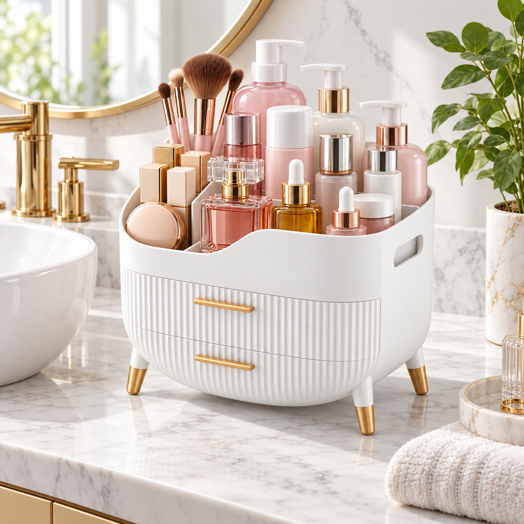 Organizador de maquillaje blanco en el baño