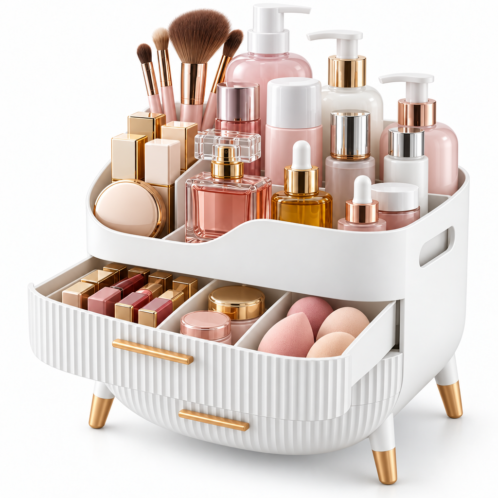 Cajón abierto del organizador con maquillaje