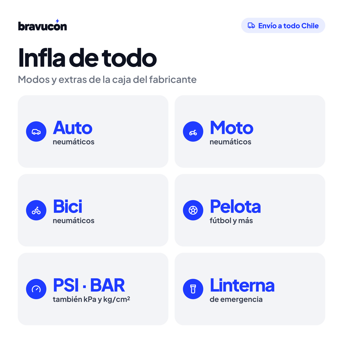 Modos del compresor: auto, moto, bici y pelota