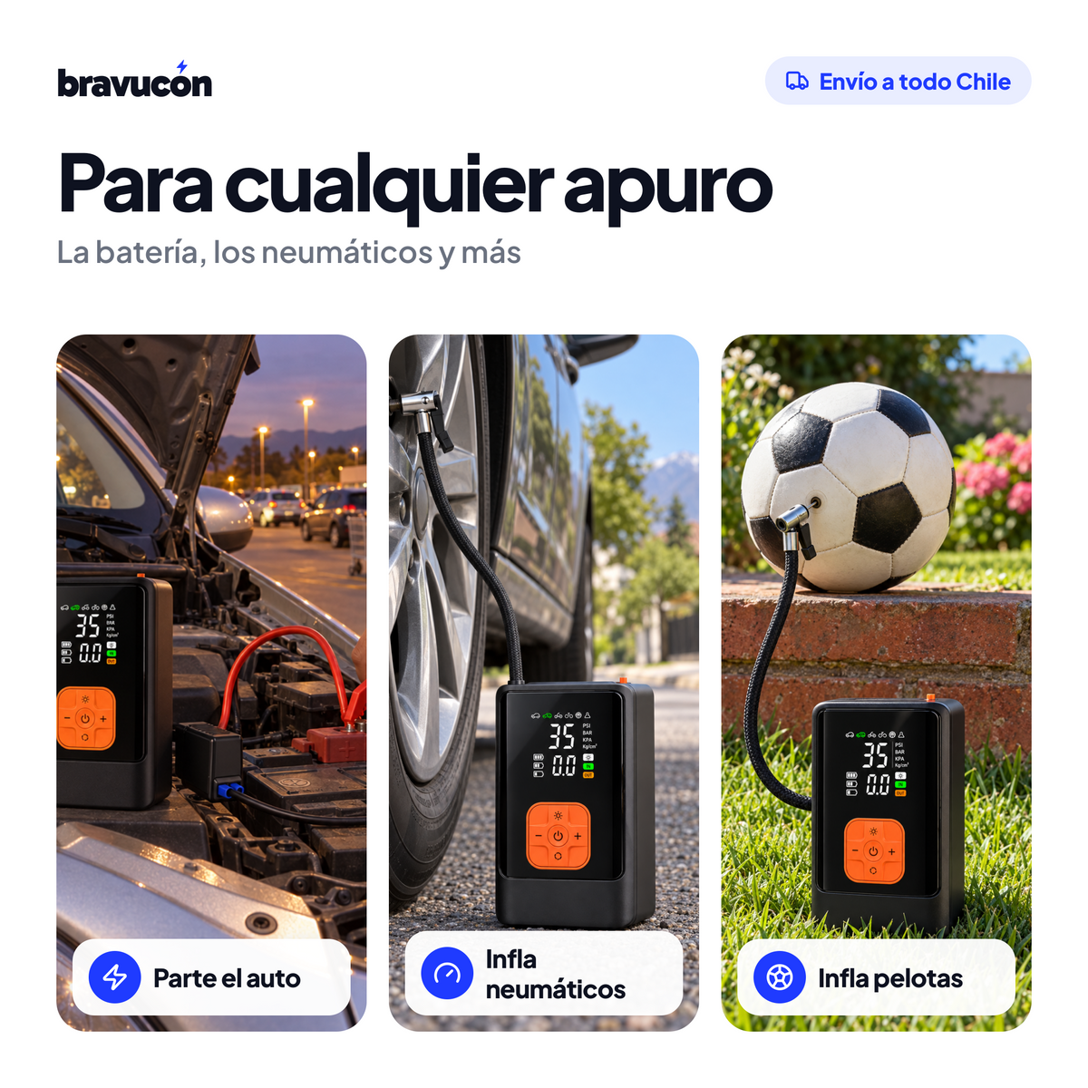 Usos del partidor: parte el auto, infla neumáticos y pelotas